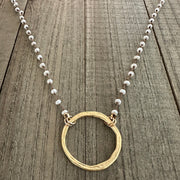 Knotted Fresh Water Pearl Necklace with Large Gold Hoop Pendant